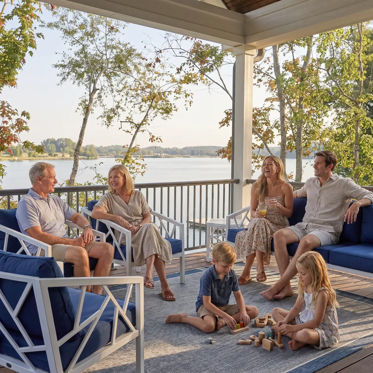Family relaxing on cottage porch overlooking Tims Ford Lake at Twin Creeks