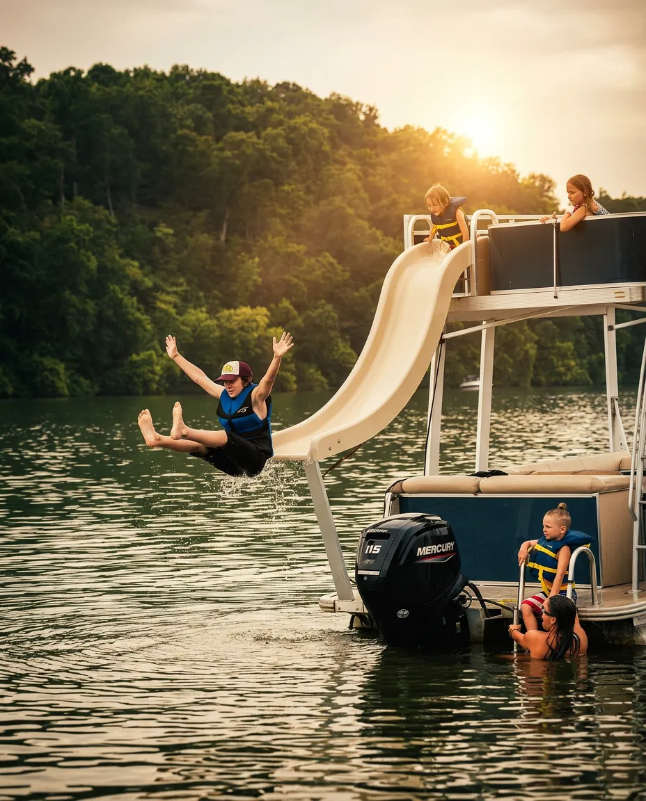 Family having fun on a pontoon slide at Tims Ford Lake