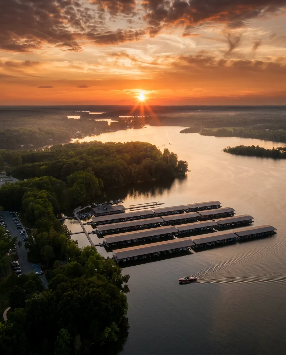 Aerial view of Twin Creeks Marina at sunset on Tims Ford Lake